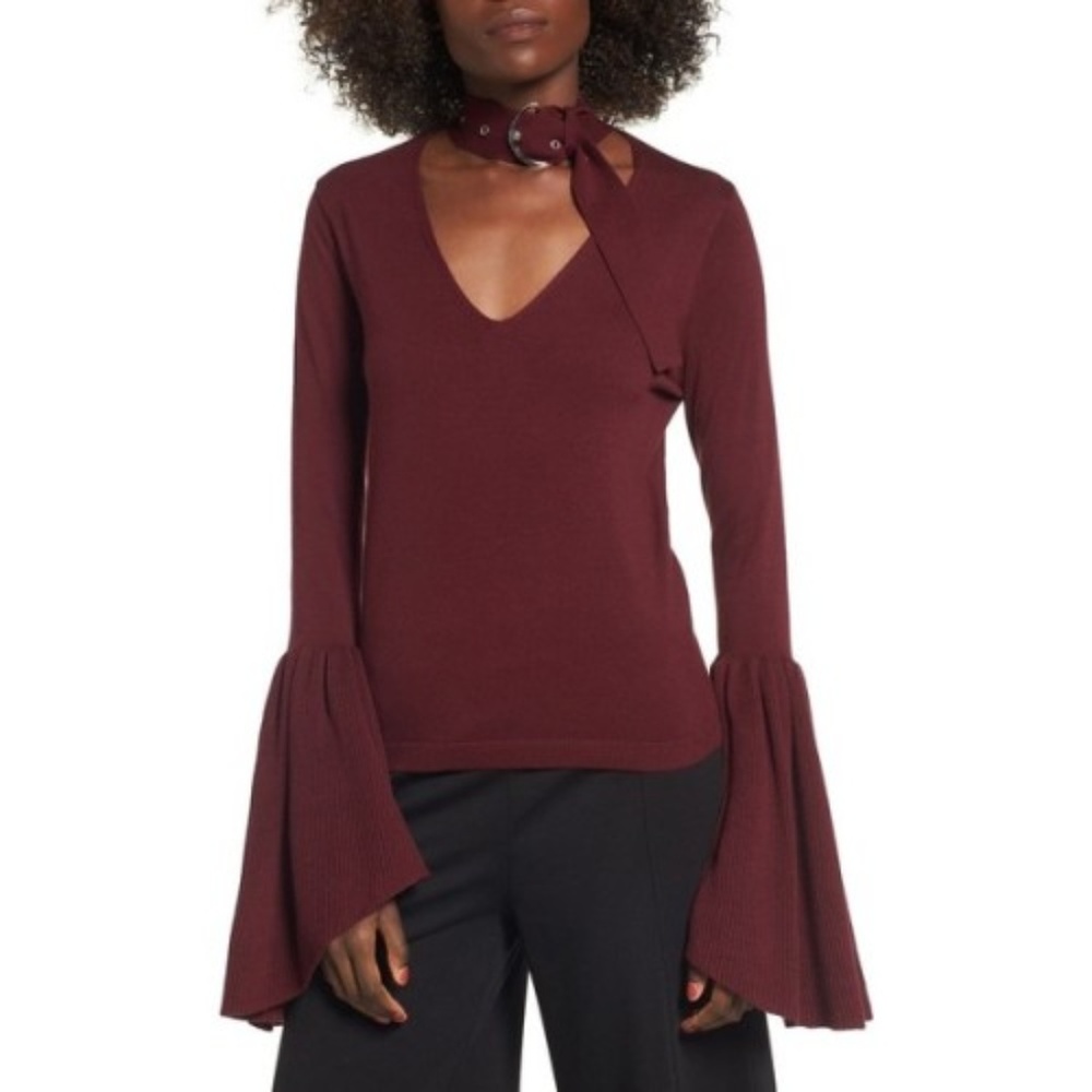 Buckled Choker Scoop Neck Bell Sleeve Knit Top S - Picture 1 of 7